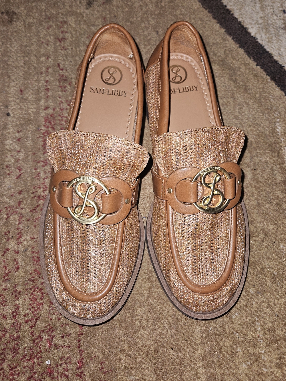 Sam & Libby Tan Braided Loafer with Gold Logo Accent